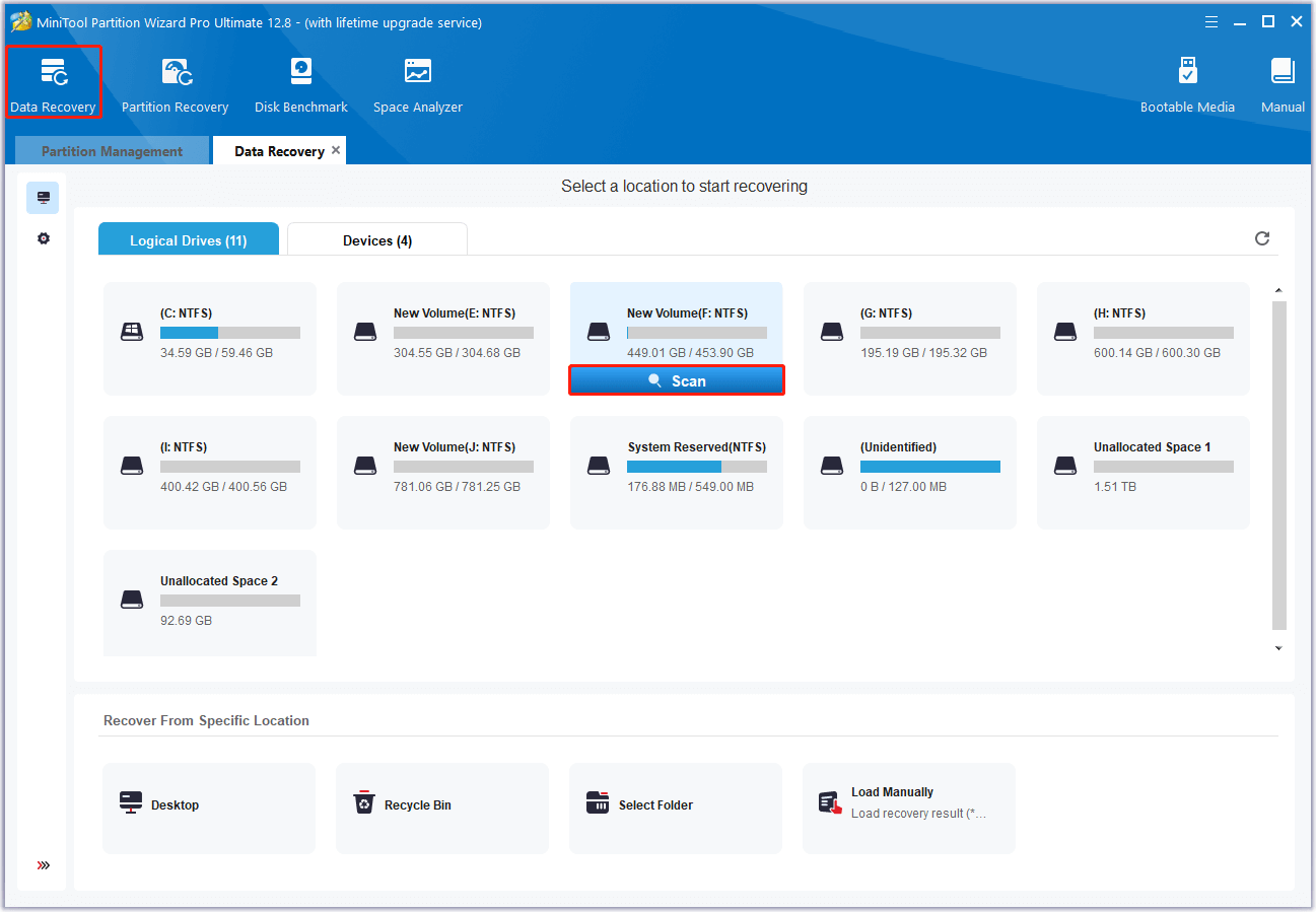 select the partition you want to recover and click Scan