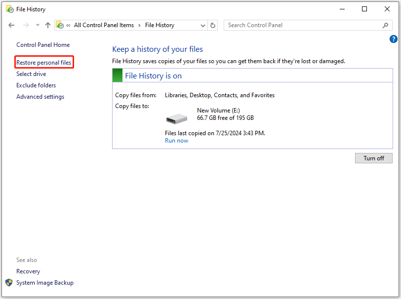 select Restore personal files