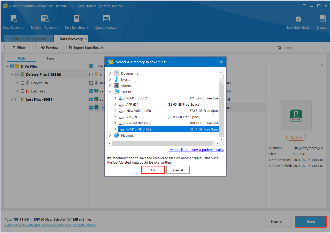 choose a location to save the recovered files