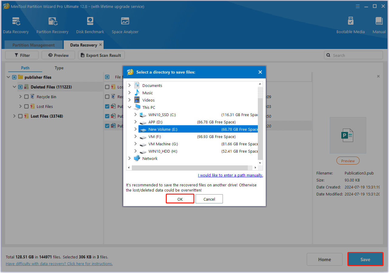 choose a location to save the recovered files