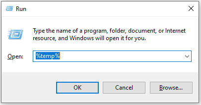 run command in Run dialog to open the temp folder 