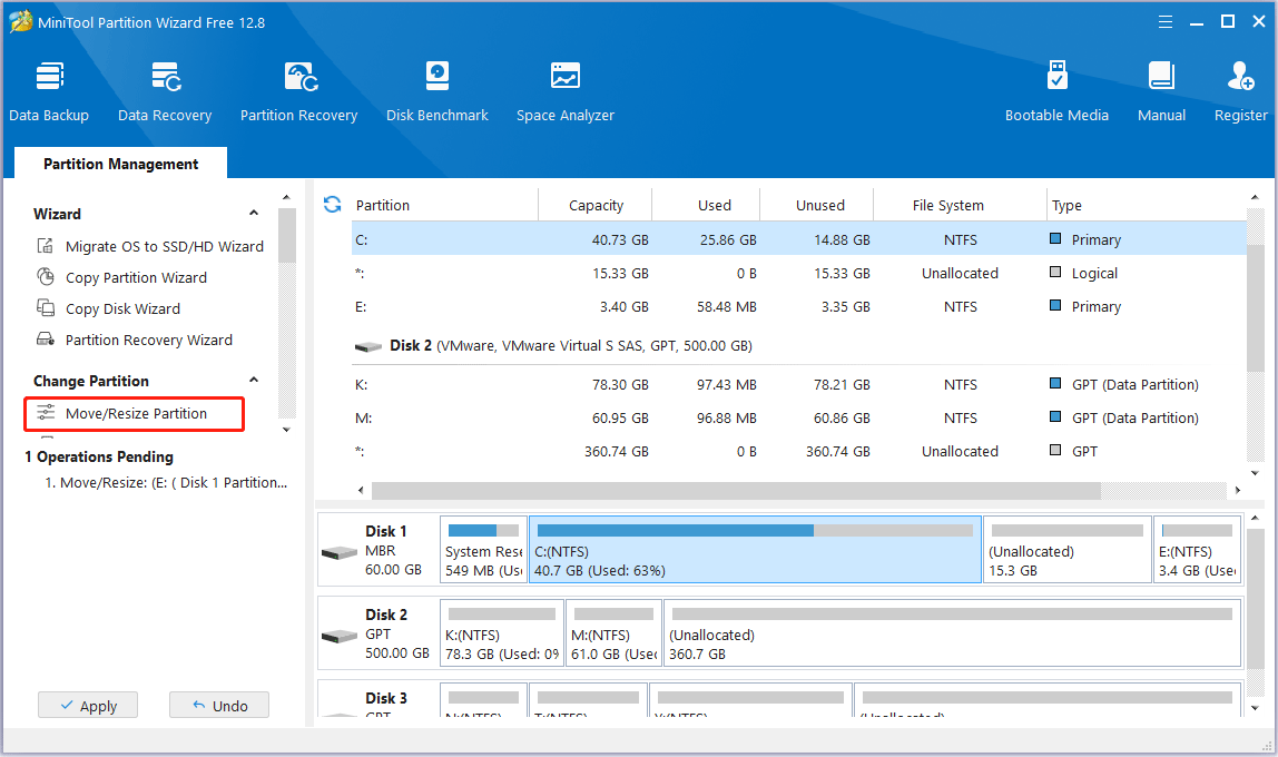 choose Move or Resize Partition