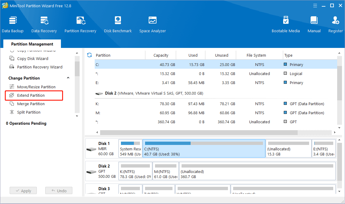 click Extend Partition from the left action panel