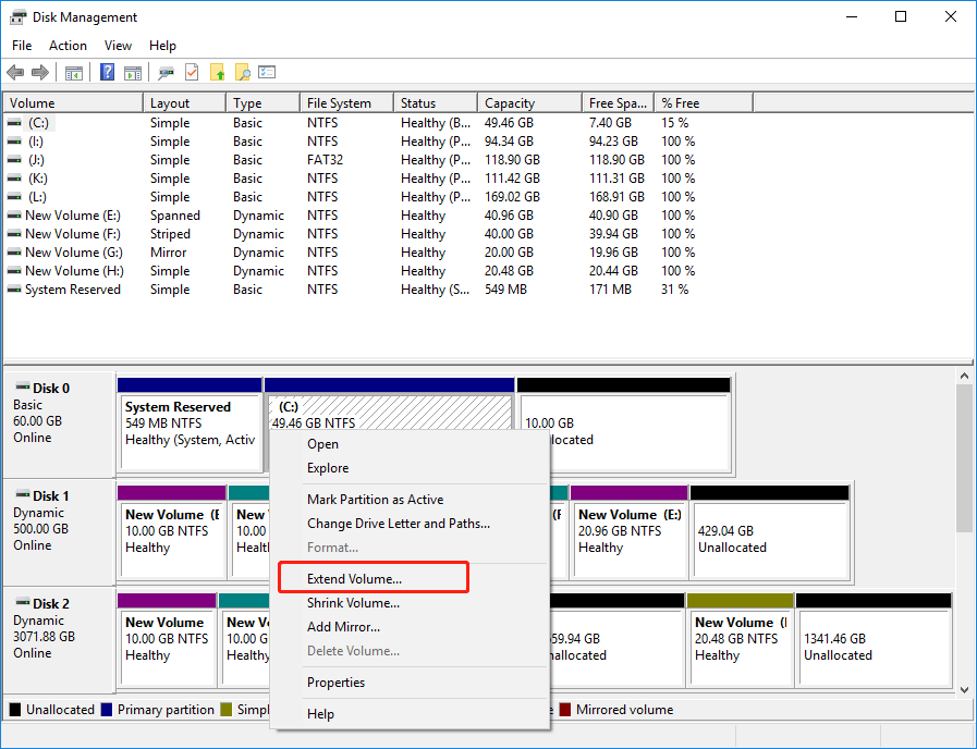 click Extend Volume in disk management