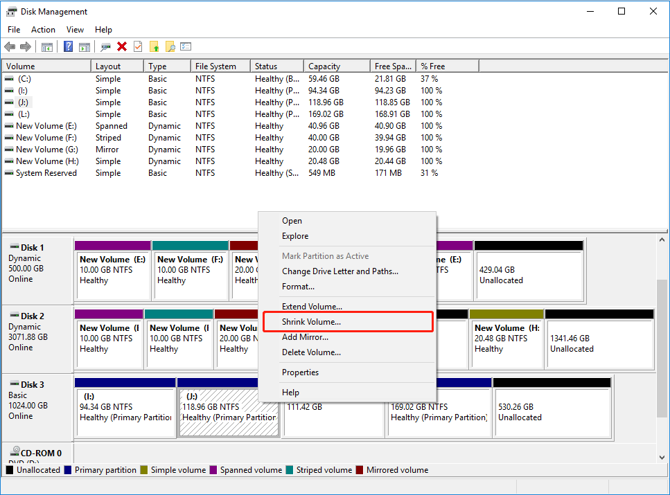 click shrink volume in Disk Management