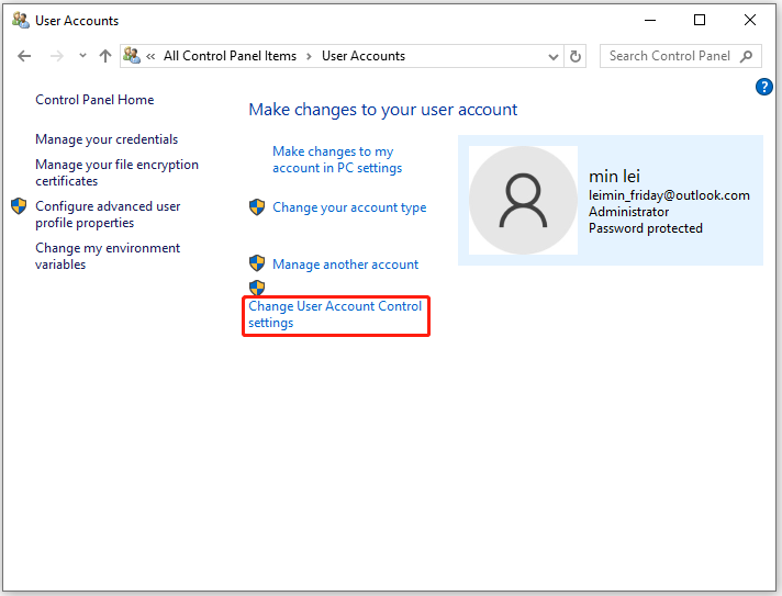 click on Change User Account Control settings