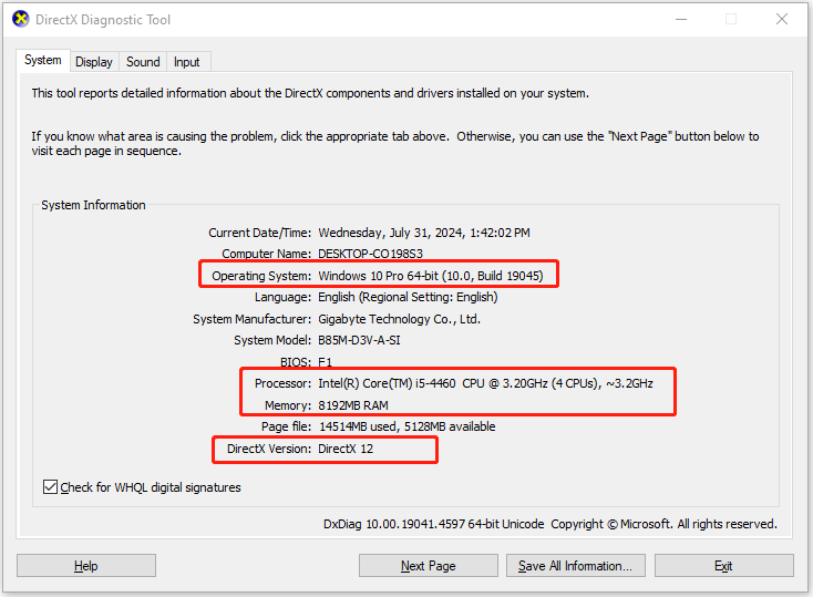 open the  DirectX Diagnostic Tool window