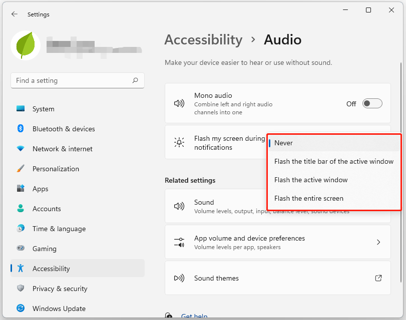 turn on/off flash screen during audio notifications with Settings