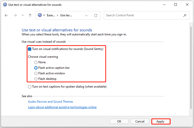 turn on/off flash screen during audio notifications with Control Panel