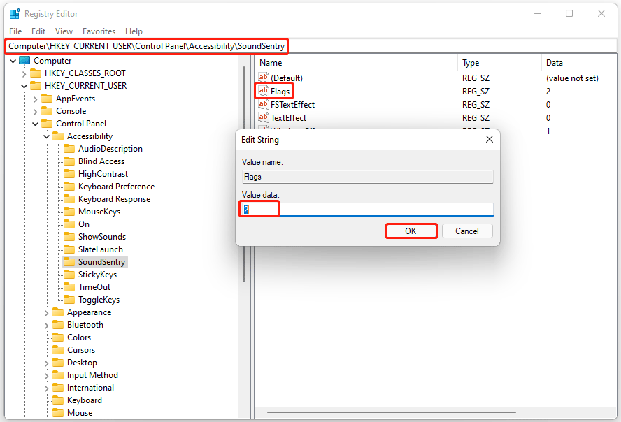 turn on/off flash screen during audio notifications with Registry Editor