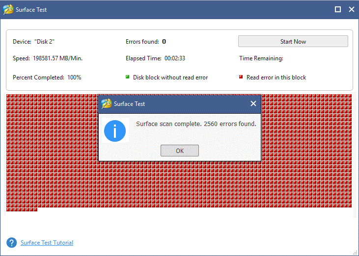 scan complete, bad sectors are shown in red