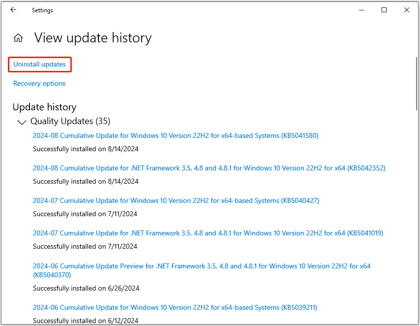 click Uninstall updates