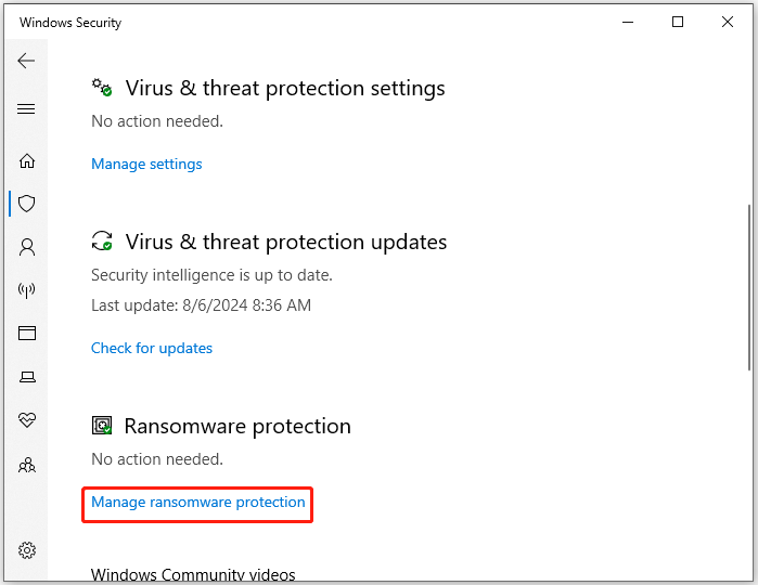 click Manage ransomware protection