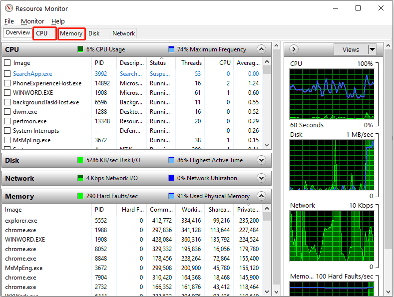 click Memory and CPU to check the usage