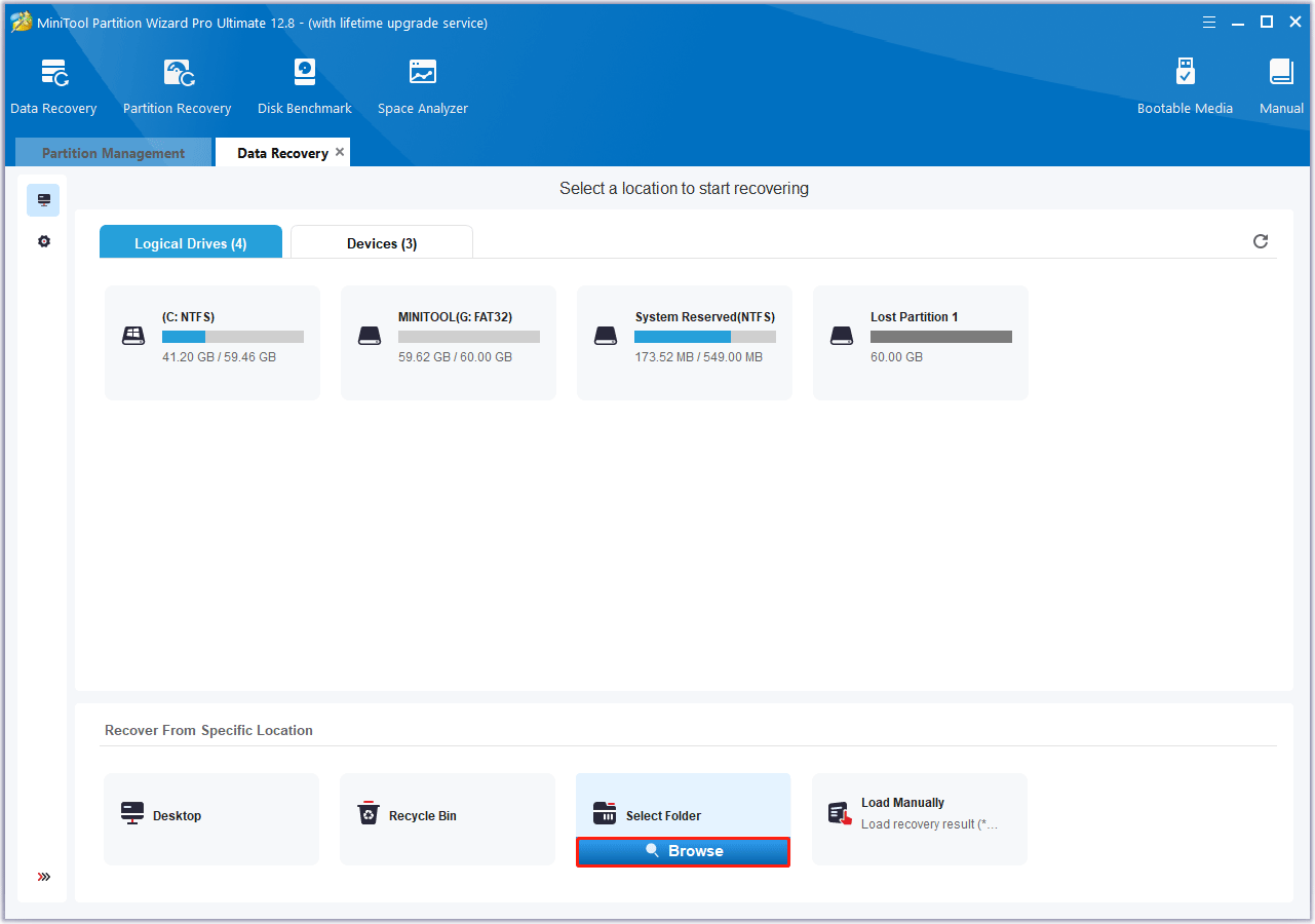 Select the location to recover data