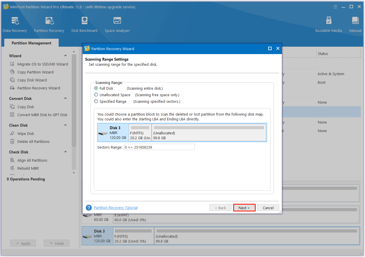 select the scanning range