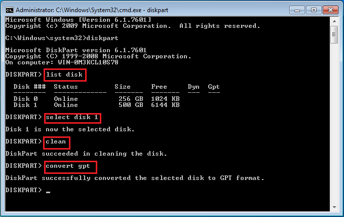 Convert MBR to GPT with Diskpart