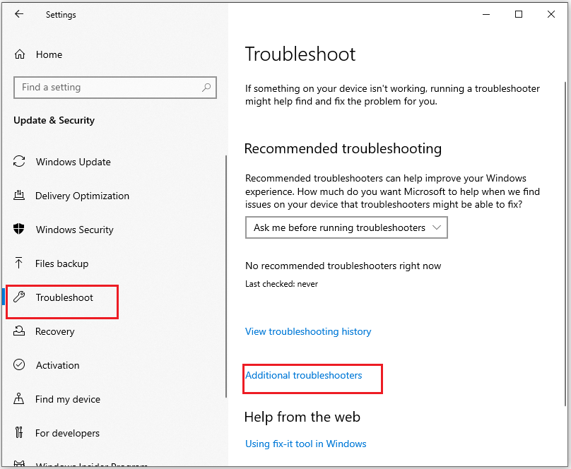 click Additional troubleshooters