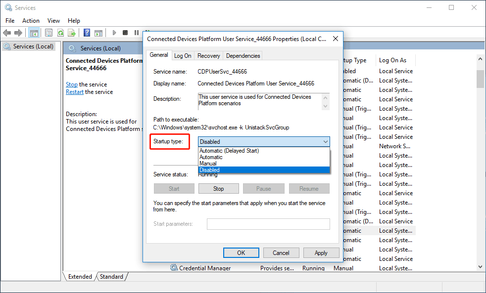 set the Startup type to Disabled