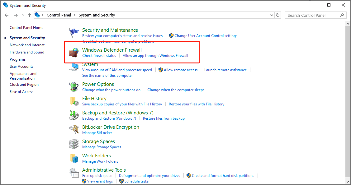 click Windows Defender Firewall