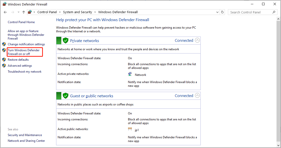 click Turn Windows Defender Firewall on or off