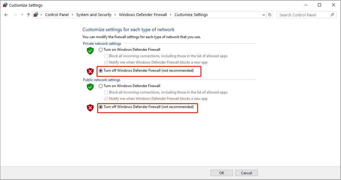 turn off Windows Defender Firewall