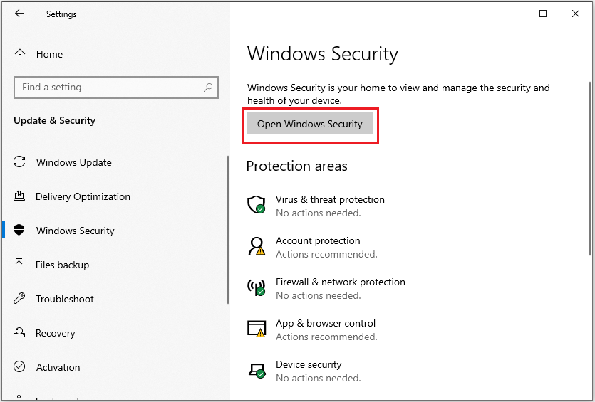 click Open Windows Security