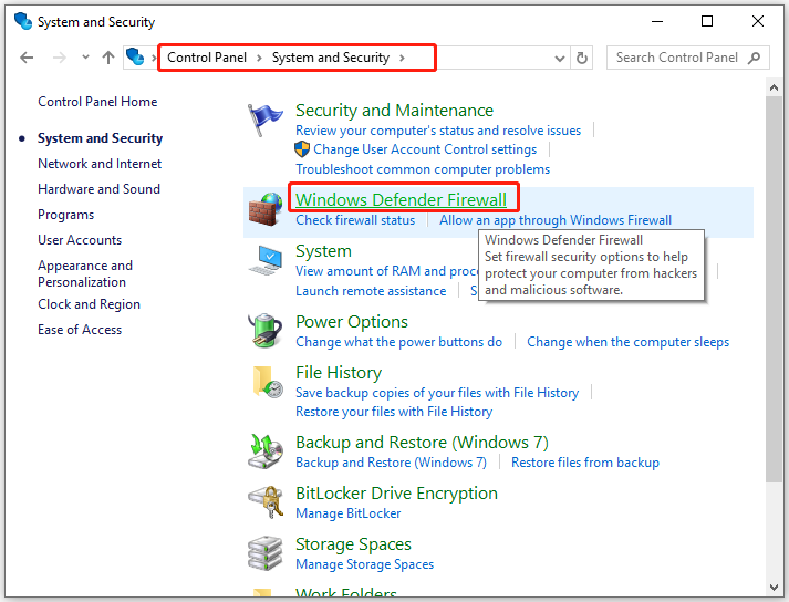 click Windows Defender Firewall