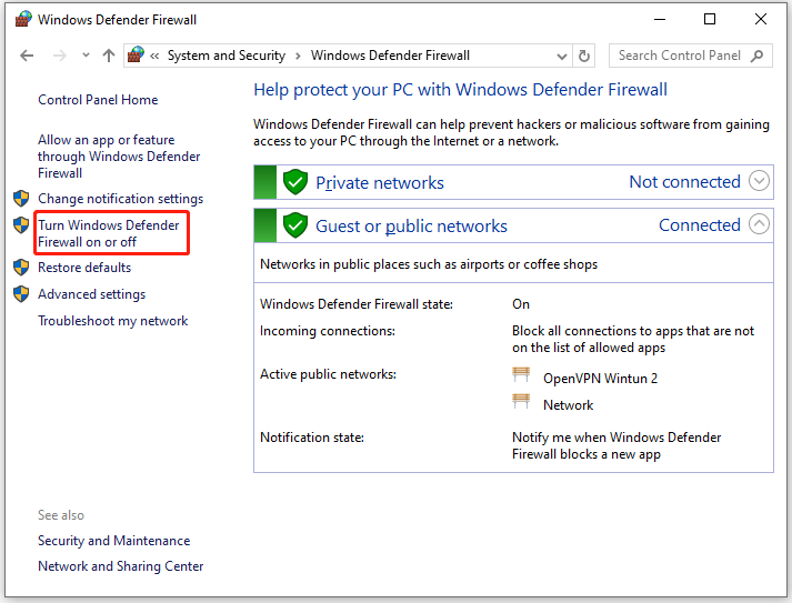 Turn Windows Defender Firewall on or off