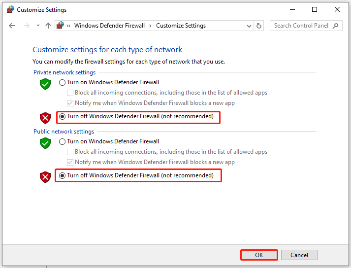 turn off Windows Defender Firewall