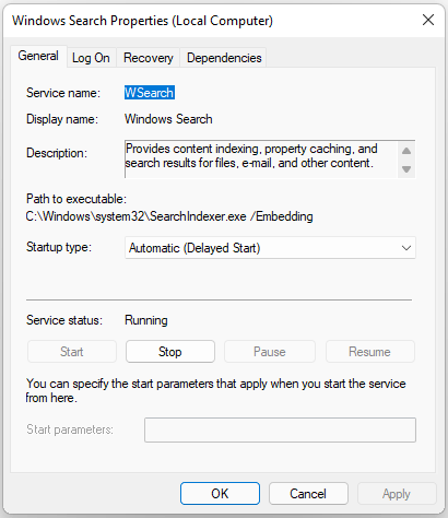 restart the Windows Search service