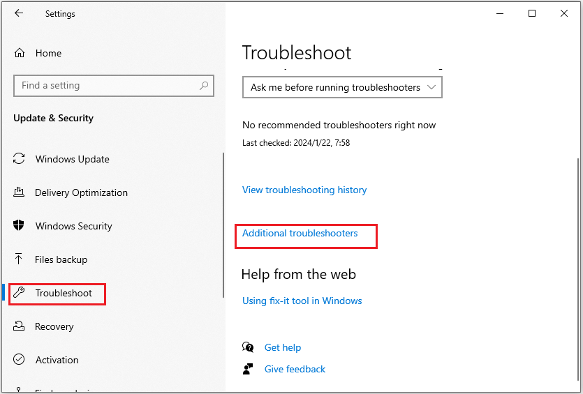 click Additional troubleshooters