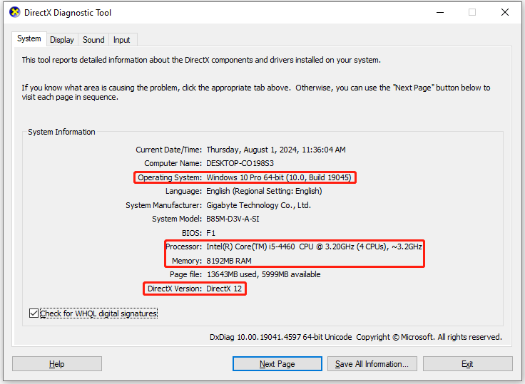 open the DirectX Diagnostic Tool window