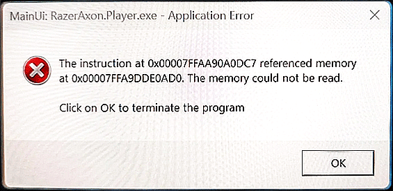 RazerAxon.player.exe Application error