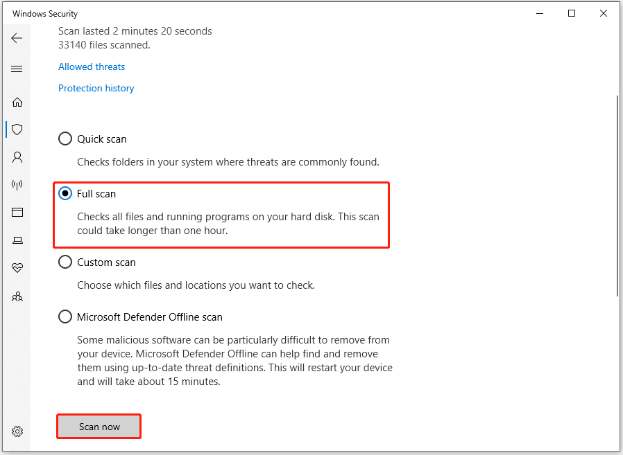 select Full scan and click Scan now