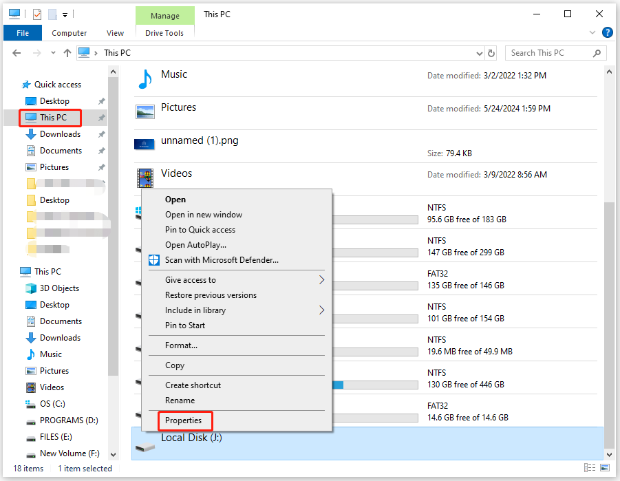 open the properties of the partition