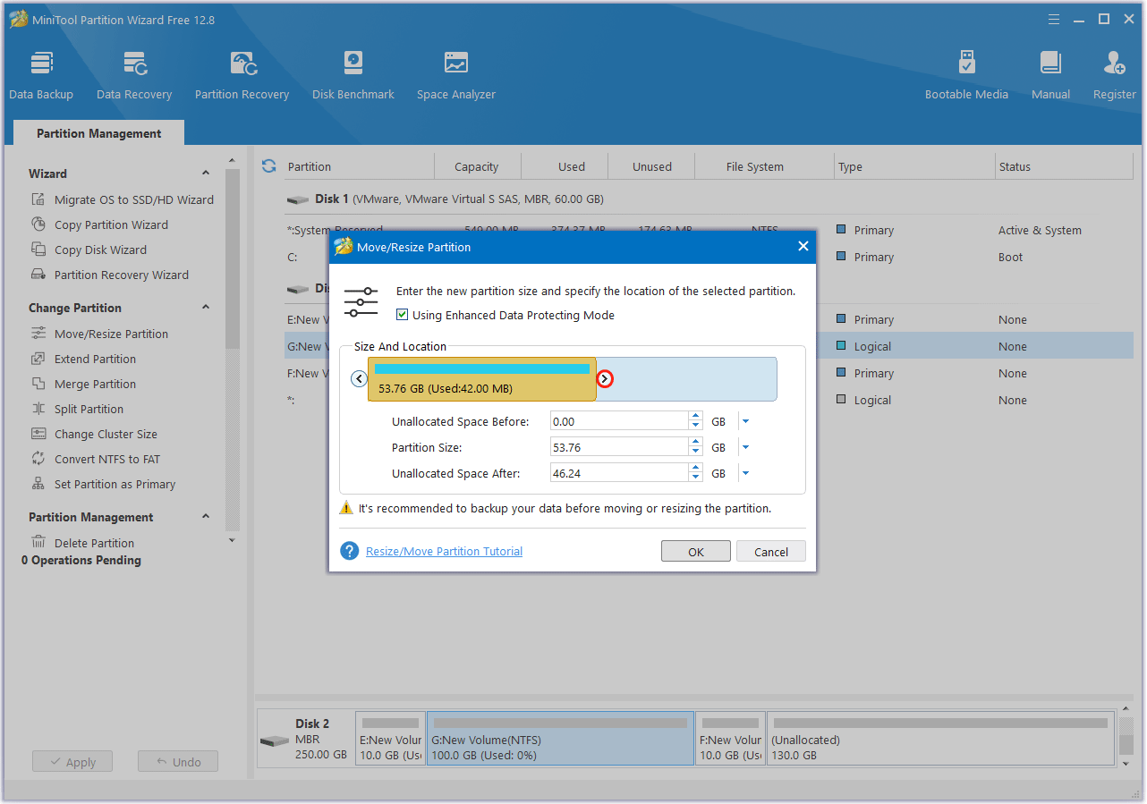 move or resize a partition