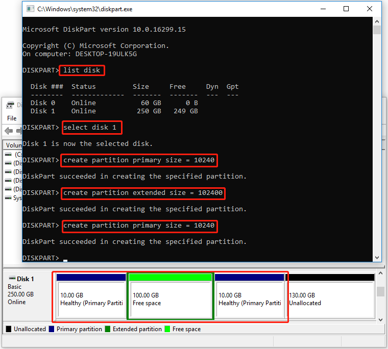 create an extended partition using commands