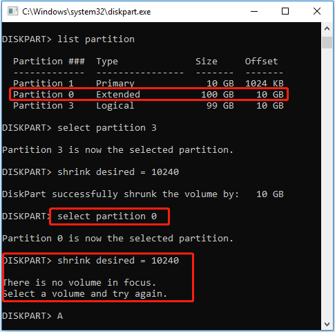 fail to shrink an extended partition