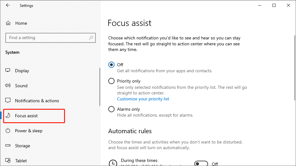 click Focus assist