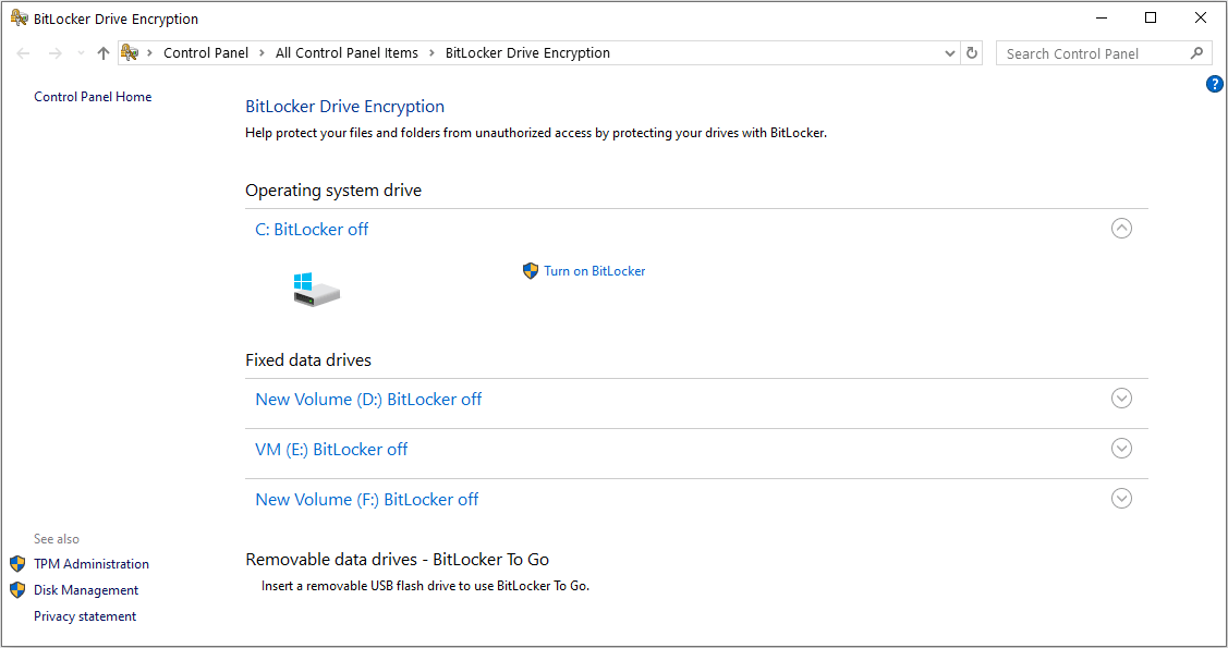 BitLocker Drive Encryption management interface