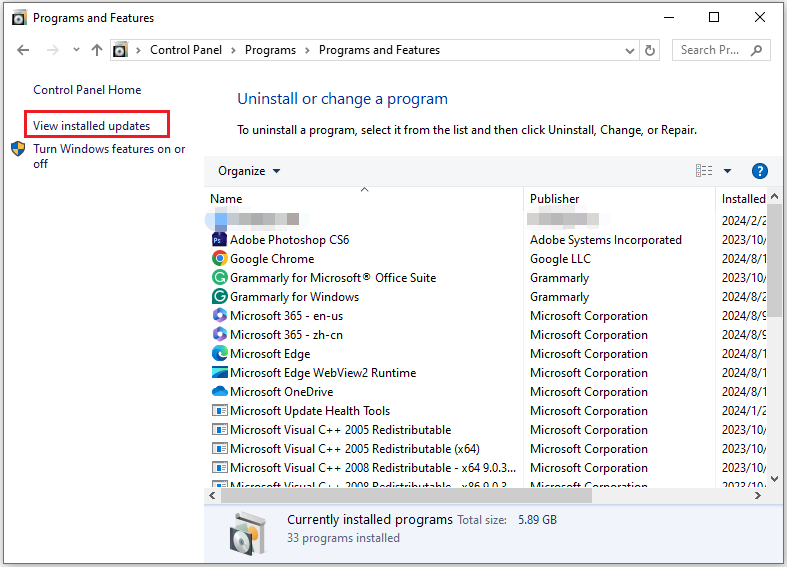click View installed updates