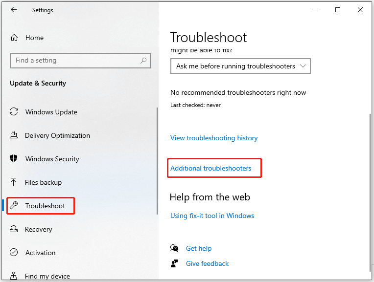 click Additional troubleshooters