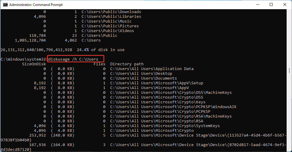 what does the diskusage /h C:\Users command present