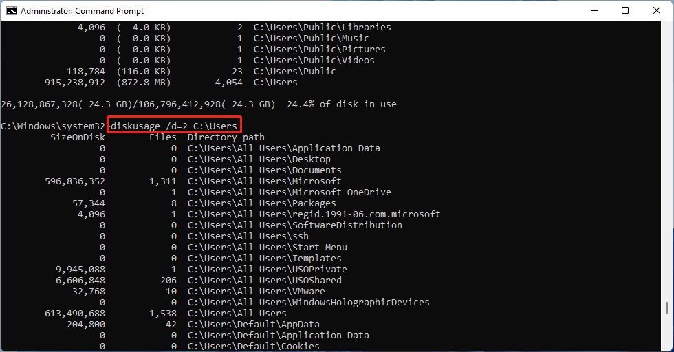 enter diskusage /d=2 C:\Users