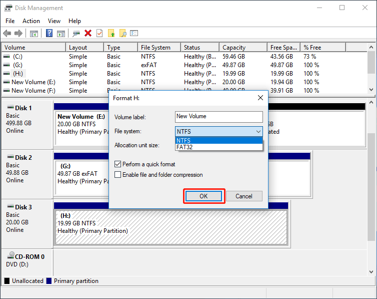 choose the file system to format and click OK