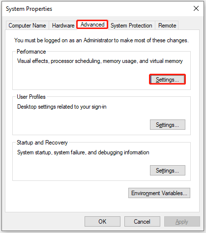 click Settings under Performance