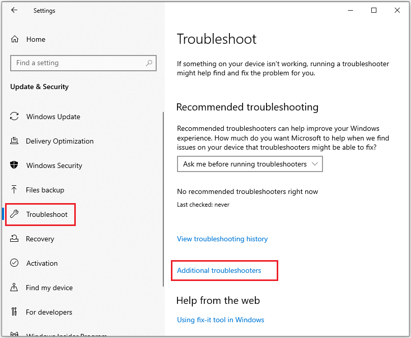 click Additional troubleshooters