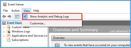 click Show Analytic and Debug Logs