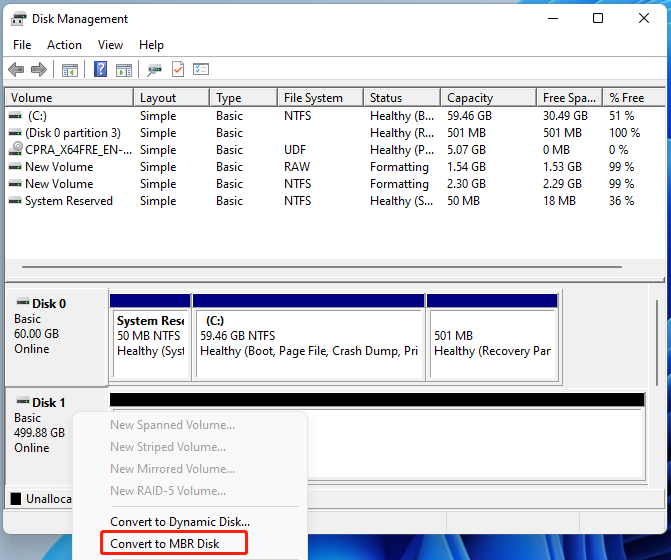 select Convert to MBR Disk